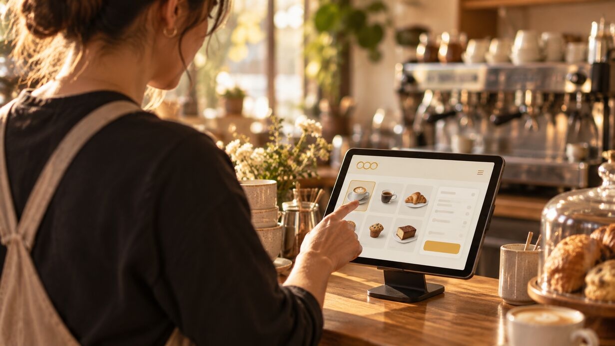 A café staff member adding a loyalty stamp on a tablet at the counter