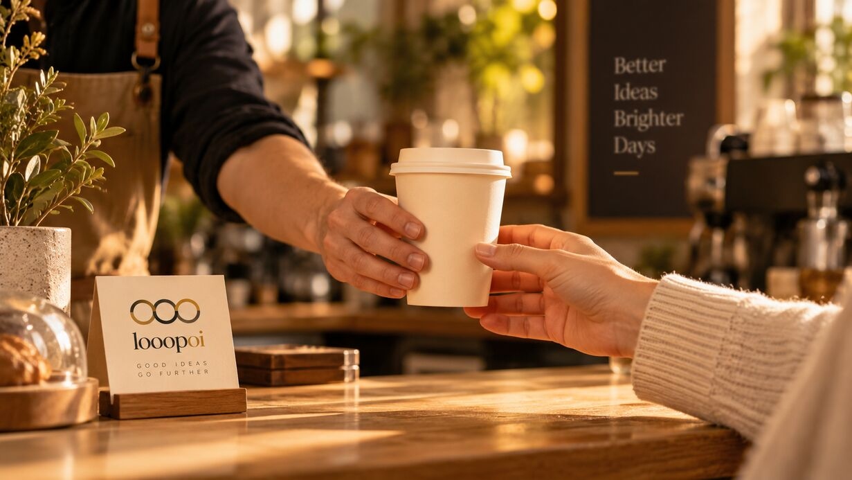 A barista handing a free coffee to a regular customer