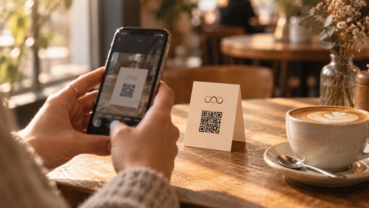 A guest scanning a looopoi join code on a café table with their phone